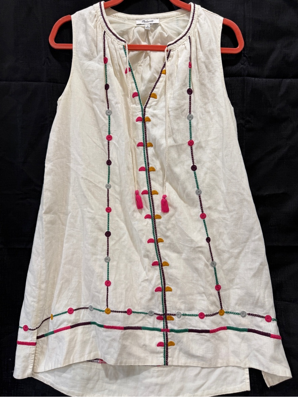 Madewell Embroidered Linen Tassel Mini Dress XS Cream Boho Flowy Easy